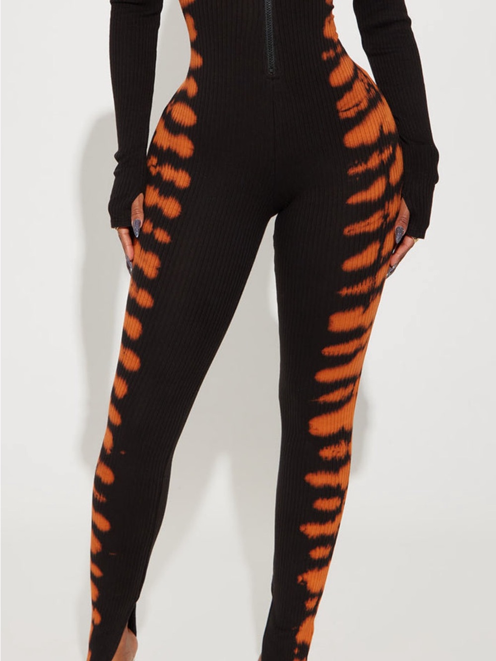 Fashion Nova Black & Orange Ribbed Zip Front Tie-Dye Jumpsuit